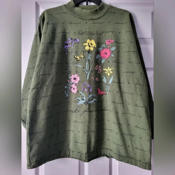 Green Floral Black Script Mock Neck Sweatshirt Vintage Cottagecore Nature - Picture 1 of 4